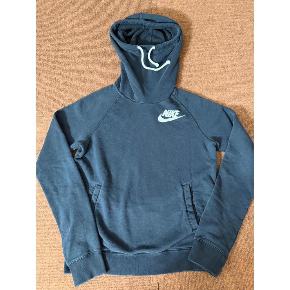 Nike Womens Funnel Neck Scuba Hoodie Black‎ Fleece Pullover Small Raglan Logo